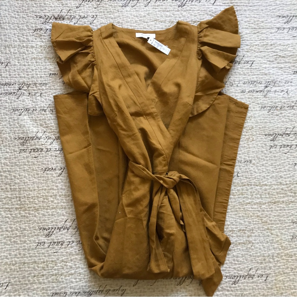 Madewell Linen-Blend Ruffle-Sleeve Wrap Midi Dress